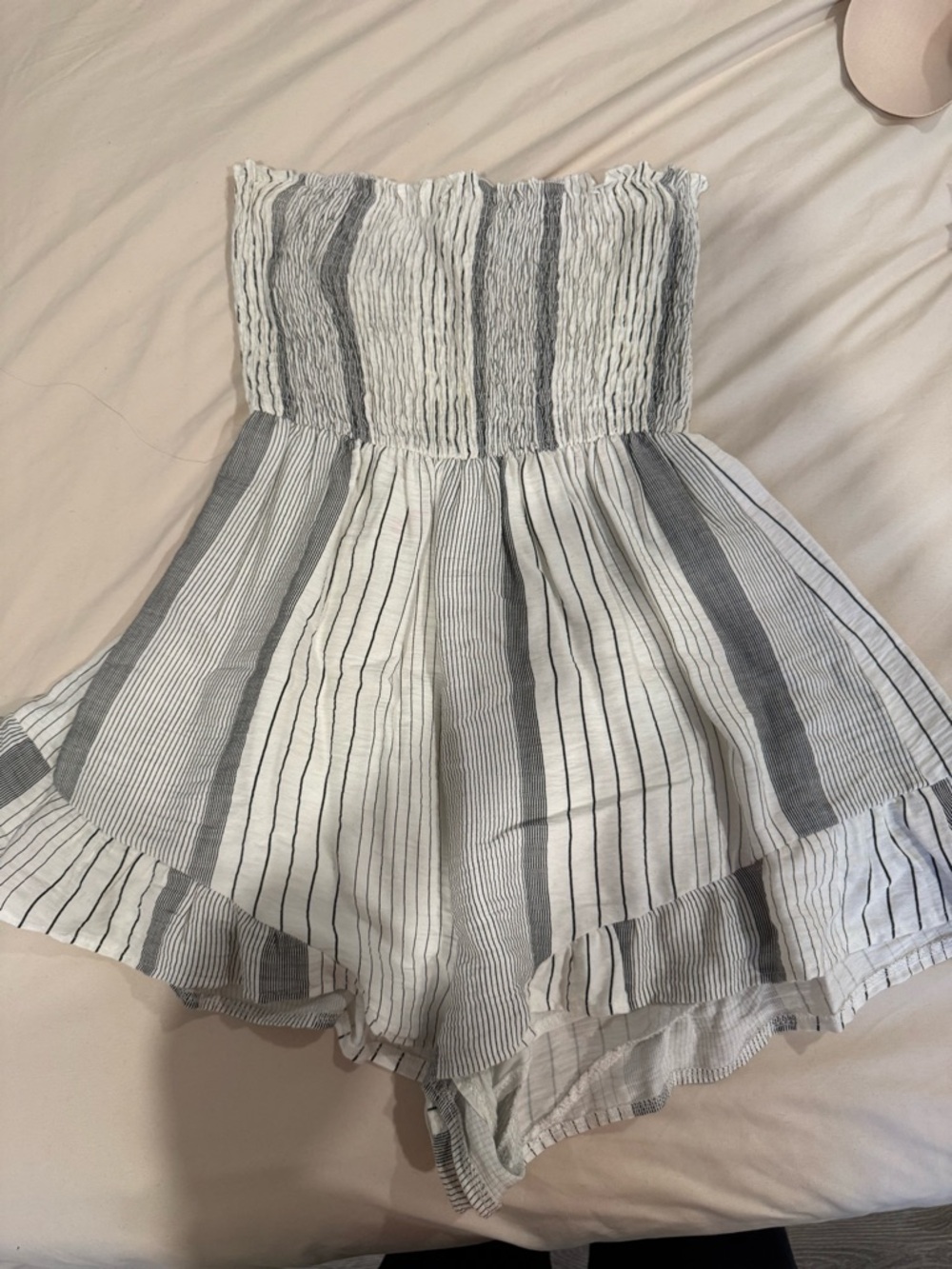 Striped Smocked Strapless Romper in White and Gray